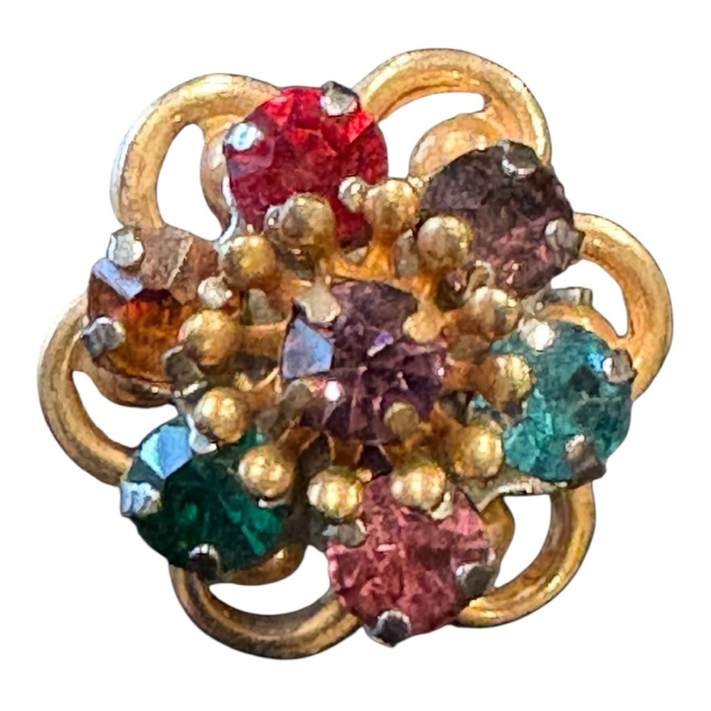 Vintage Multi-Color Rhinestone Floral Brooch Gold Tone Quiet Luxury J12